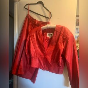 Lipstick red leather high waisted skirt and cropped jacket w/ padded shoulders